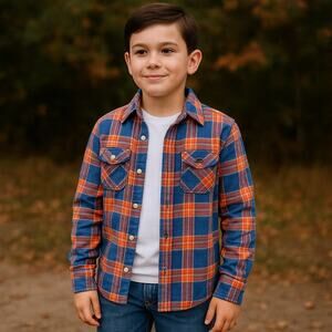 Hollister Kids Orange Blue Plaid Flannel Shirt Snap Button Long Sleeve M